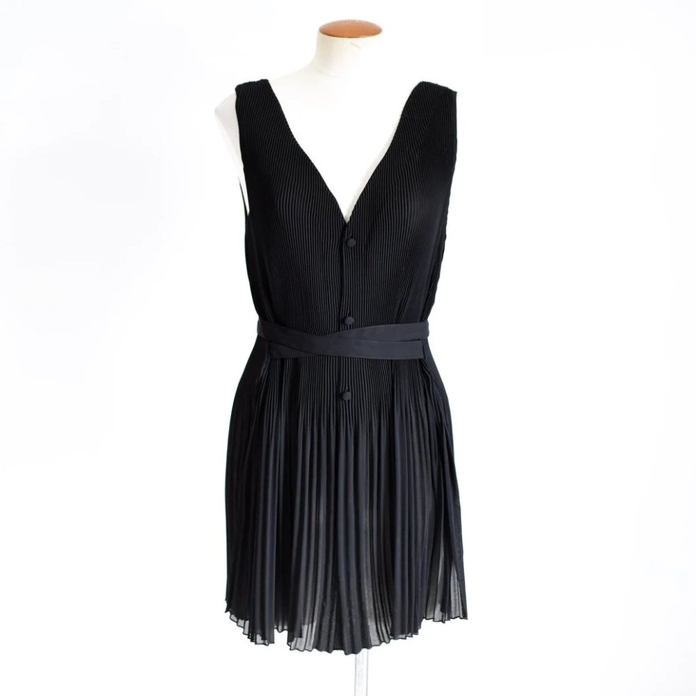 New vintage Vivienne Tam semi-sheer button down crepe knife pleat tie back tunic